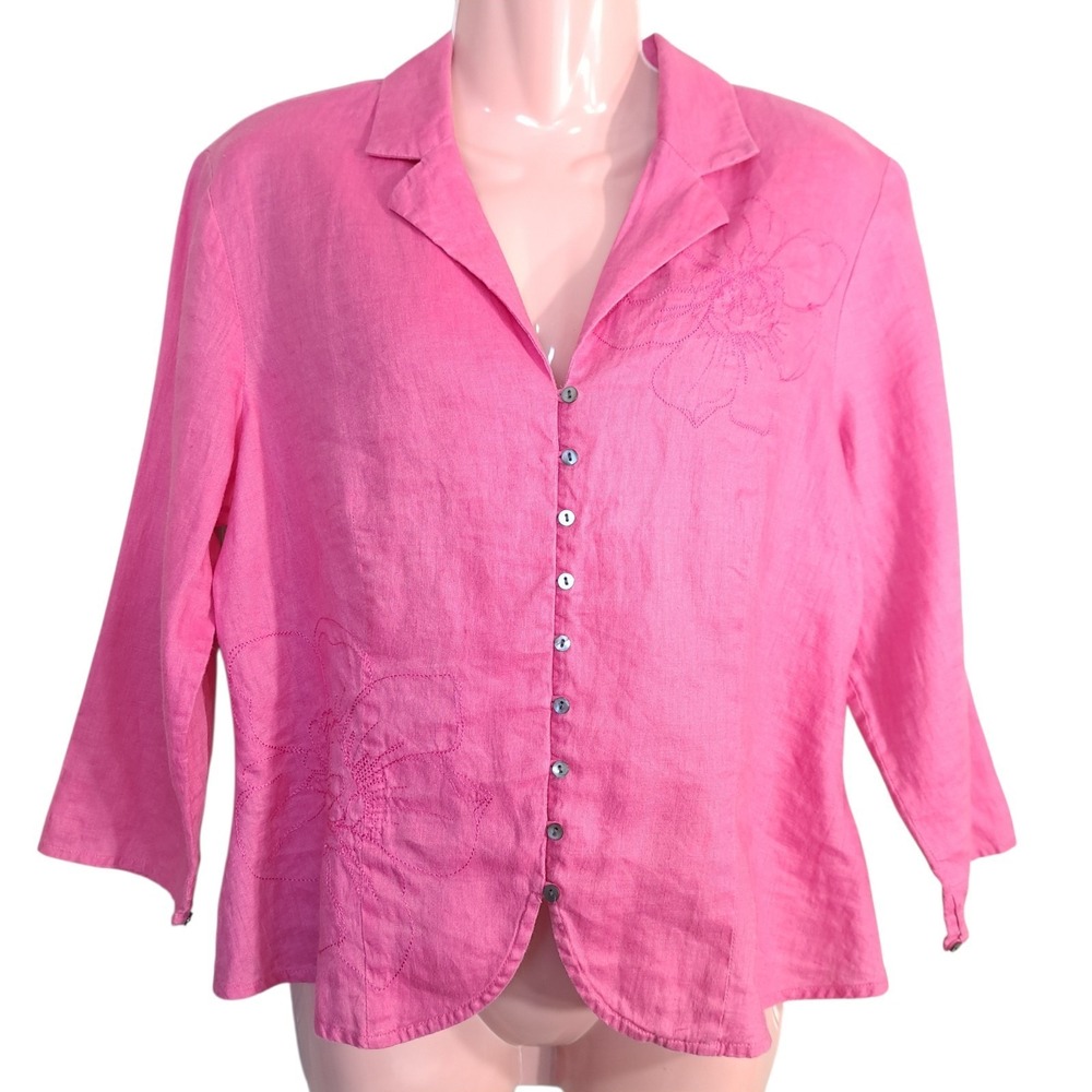 Valerie Stevens Women's‎ Button Front Blouse Size M 100% Linen Pink Embroidered